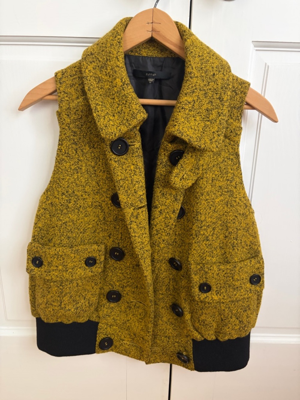 Double-Breasted Mustard Yellow Wool-Blend Vest with Black Trim